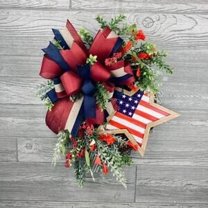 Primitive Floral Patriotic Grapevine Wreath for front door, Farmhouse American F